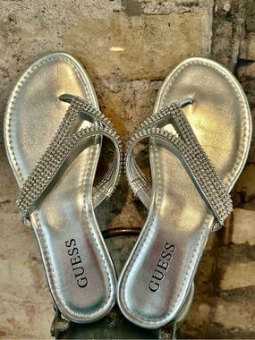 GUESS Silver Rhinestone Thong Sandals - Women's
